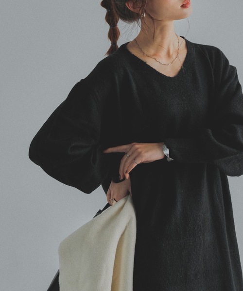 Fashion Letter(ファッションレター)の「Vネックニットロングワンピース(ワンピース・レディース・ブラック/ライトグレー/ベージュ/ブラウン/グレー・M~L/LL~3L/4L~5L)」の2枚目の写真