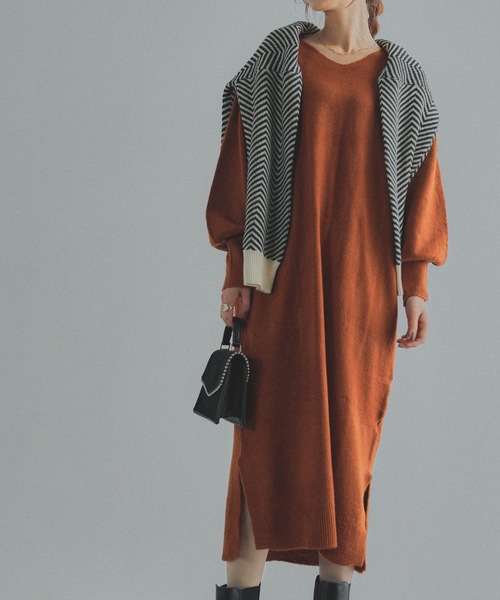 Fashion Letter(ファッションレター)の「Vネックニットロングワンピース(ワンピース・レディース・ブラック/ライトグレー/ベージュ/ブラウン/グレー・M~L/LL~3L/4L~5L)」の6枚目の写真