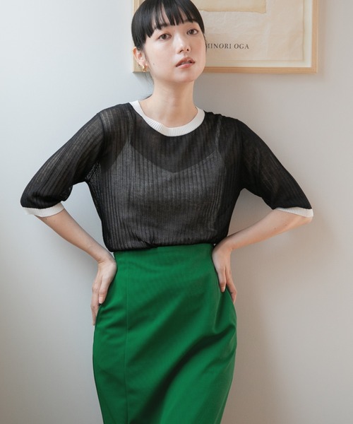 LOWRYS FARM（ローリーズファーム）の「バイカラーシアーリブ５Ｓ　276104（ニット/セーター・レディース・ブラック/ベージュ/ブルー・FREE）」の2枚目の写真