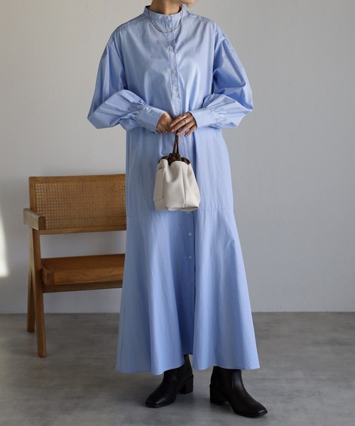 r.(アールドット)の「ストライプ マーメイドワンピース(シャツワンピース・レディース・グレー/ライトブルー/ネイビー/パープル/ラベンダー・FREE)」の3枚目の写真