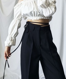 me+em select | 【 選べる４サイズ ／ １０色展開  】２WAY カットアウトリボンハイウエストタックスラックス(スラックス)