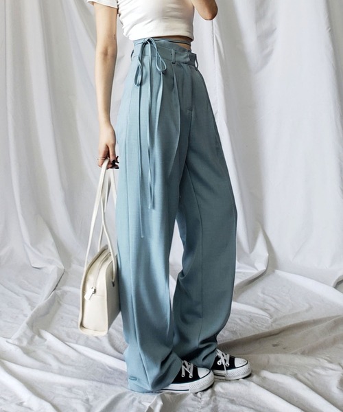 me+em select（ミームセレクト）の「※※【 リボンはお好きな長さにセルフカット可能 ／ 選べる４サイズ ／ １０色展開  】２WAY カットアウトリボンハイウエストタックスラックス（スラックス・レディース・ブラック/グレー/ベージュ/レモンイエロー/ライラック/ブルー系その他/ブルー/ピンク/チャコール/グリーン系その他・X-SMALL/SMALL/MEDIUM/LARGE）」の19枚目の写真