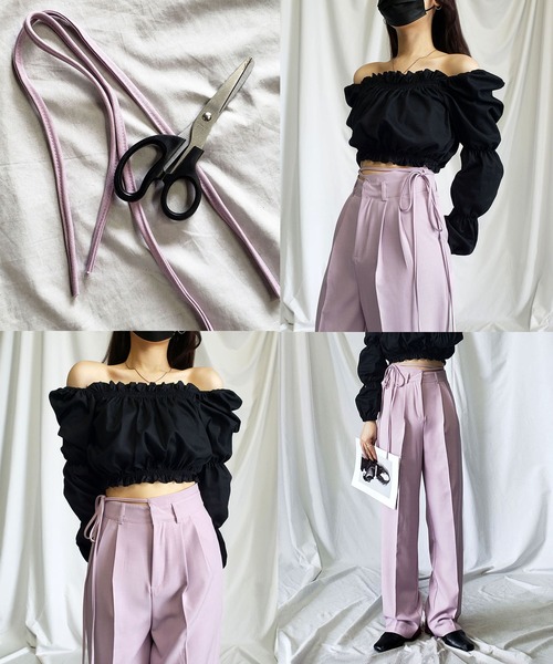 me+em select（ミームセレクト）の「※※【 リボンはお好きな長さにセルフカット可能 ／ 選べる４サイズ ／ １０色展開  】２WAY カットアウトリボンハイウエストタックスラックス（スラックス・レディース・ブラック/グレー/ベージュ/レモンイエロー/ライラック/ブルー系その他/ブルー/ピンク/チャコール/グリーン系その他・X-SMALL/SMALL/MEDIUM/LARGE）」の21枚目の写真