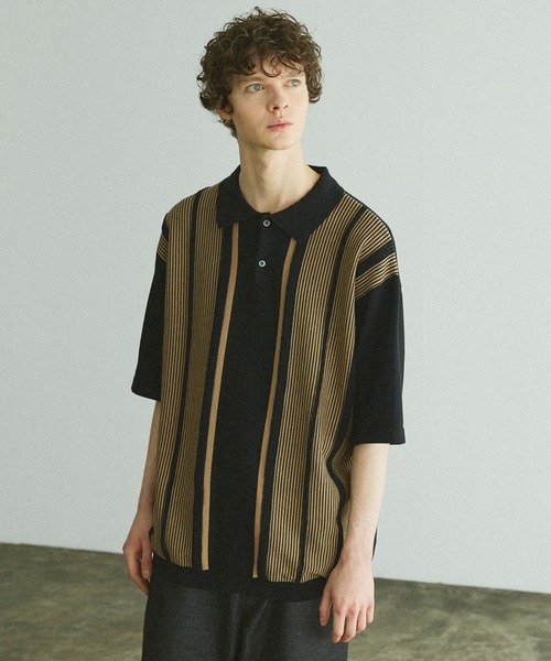 Bleme(ブレム)の「マルチストライプ リラクシー ニットポロシャツ(ポロシャツ・メンズ・ブラック/ネイビー/アイボリー/カーキ・S/M/L/XL)」の10枚目の写真