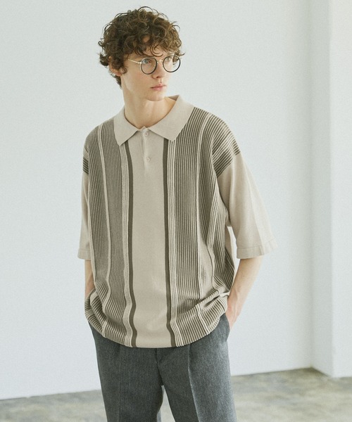 Bleme(ブレム)の「マルチストライプ リラクシー ニットポロシャツ(ポロシャツ・メンズ・ブラック/ネイビー/アイボリー/カーキ・S/M/L/XL)」の5枚目の写真