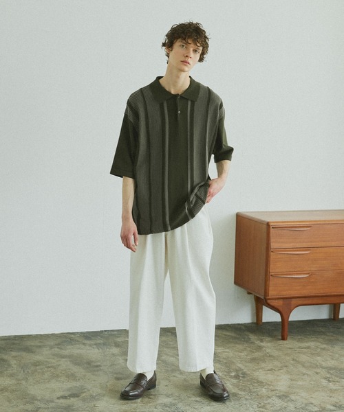 Bleme(ブレム)の「マルチストライプ リラクシー ニットポロシャツ(ポロシャツ・メンズ・ブラック/ネイビー/アイボリー/カーキ・S/M/L/XL)」の12枚目の写真