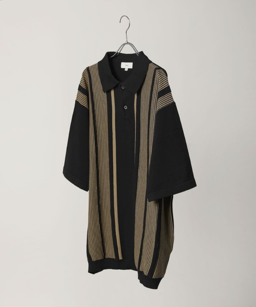 Bleme(ブレム)の「マルチストライプ リラクシー ニットポロシャツ(ポロシャツ・メンズ・ブラック/ネイビー/アイボリー/カーキ・S/M/L/XL)」の9枚目の写真