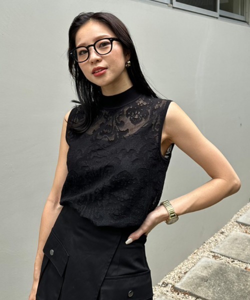 rienda(リエンダ)の「レースハイネックニットトップス レーストップス 夏服(ニット/セーター・レディース・ホワイト/ベージュ/ブルー/ブラック・FREE)」の2枚目の写真