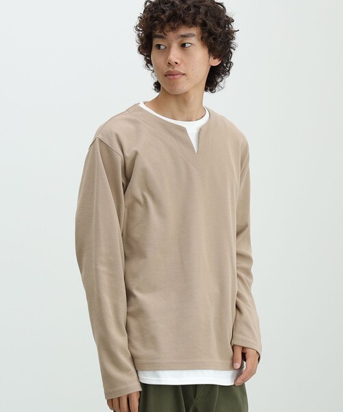 BEAMS HEART（ビームスハート）の「【ユニセックス】フェイクレイヤー ワッフル ロングスリーブ Tシャツ（Tシャツ/カットソー・メンズ・ベージュ/グリーン系その他/ブルー系その他・SMALL/MEDIUM/LARGE/X-LARGE）」の6枚目の写真