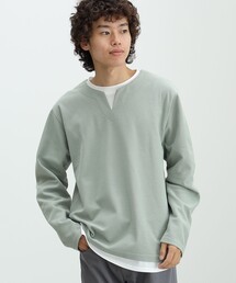 【ユニセックス】フェイクレイヤー ワッフル ロングスリーブ Tシャツ