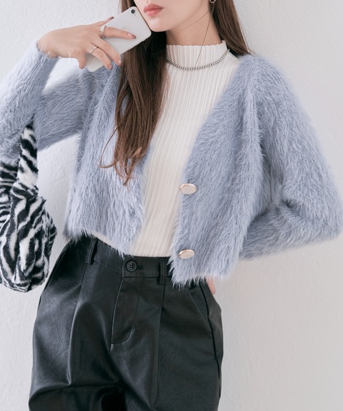 kirakiraShop(キラキラショップ)の「ふわふわシャギークロップドニットカーディガン(カーディガン/ボレロ・レディース・ライトブルー/ブラック/オフホワイト・FREE)」の11枚目の写真