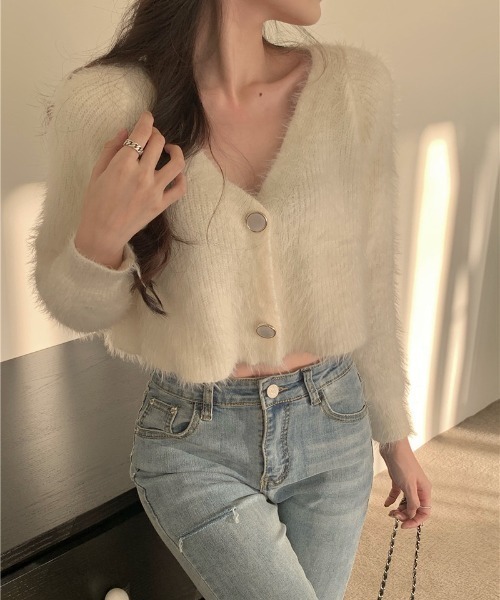 セール】ふわふわシャギークロップドニットカーディガン（カーディガン