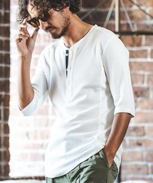 mt8592- Neon Color Tape Waffle Henley Neck Half Sleeve Cut sew ５分袖カットソー