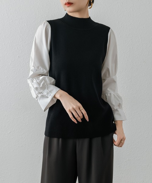 MAISON DE THERESE(メゾン ド テレーズ)の「異素材切替 パフティアードスリーブ ニットトップス(ニット/セーター・レディース・ブラック/ブラウン・M/L)」の3枚目の写真