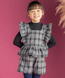 BeBe Petits Pois Vert（ベベプチポワヴェール）の「【店舗限定】リブ＆チェック柄レイヤード風フリルセットアップ(95~150cm)（セットアップ・キッズ）」