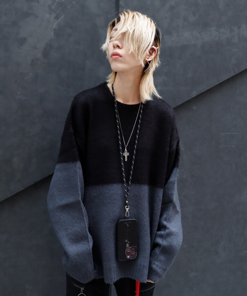 Bling Leads(ブリングリーズ)の「Z)【BLINGLEADS】723801 モヘアタッチツートンクルーニット(ニット/セーター・メンズ・ブラック系その他/レッド系その他/ブルー系その他/ブラウン系その他・MEDIUM/LARGE)」の2枚目の写真