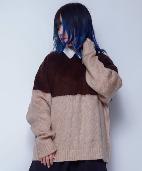 Bling Leads(ブリングリーズ)の「Z)【BLINGLEADS】723801 モヘアタッチツートンクルーニット(ニット/セーター・メンズ・ブラック系その他/レッド系その他/ブルー系その他/ブラウン系その他・MEDIUM/LARGE)」の1枚目の写真
