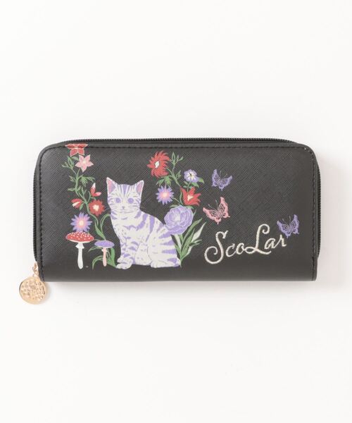 じゃれねこ『3月☆12さくら×赤紫系×蝶々』 ScoLar（スカラー）の「SC72-11：ネコ花刺繍ラウンド長財布（財布