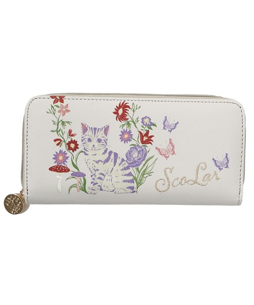 CCロゴ入り　花柄ステッチ長財布　ノベルティ ScoLar（スカラー）の「SC72-11：ネコ花刺繍ラウンド長財布（財布