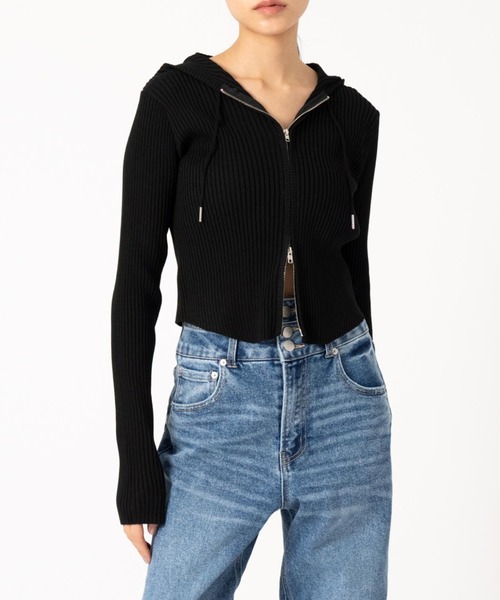 ANAP（アナップ）の「ダブルジップ リブニット フード トップス（ニット/セーター・レディース・モスグリーン/アイボリー/ブラック・FREE）」の3枚目の写真