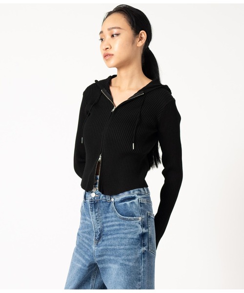 ANAP（アナップ）の「ダブルジップ リブニット フード トップス（ニット/セーター・レディース・モスグリーン/アイボリー/ブラック・FREE）」の10枚目の写真