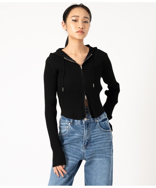 ANAP（アナップ）の「ダブルジップ リブニット フード トップス（ニット/セーター・レディース・モスグリーン/アイボリー/ブラック・FREE）」の9枚目の写真