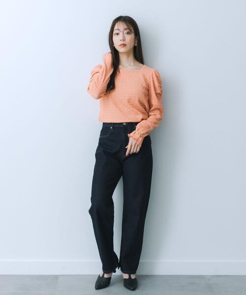 HEYUMM（ヘユム）の「パワーショルダートップ（Tシャツ/カットソー・レディース・アイボリー/チャコールグレー/オレンジ・ONE）」の21枚目の写真