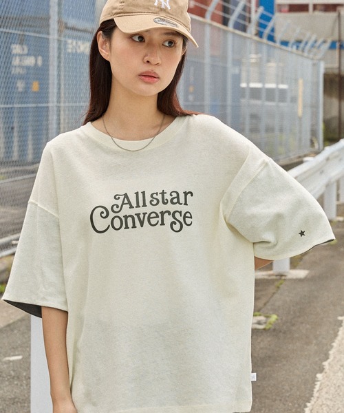 CONVERSE（コンバース）の「CONVERSE/コンバース ロゴプリント ロールアップカラー ネップスラブ半袖Tシャツ（Tシャツ/カットソー・レディース・オフホワイト/スミクロ/オレンジ・M）」の22枚目の写真