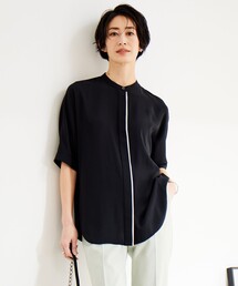 BackSatinAmunzen 5分袖バンドカラーブラウス