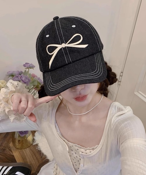 LAC-VERT（ラック・ヴェール）の「リボン刺繍キャップ（キャップ・レディース・ホワイト/ピンク/ネイビー/ライトブルー/その他3/その他2/その他1・FREE）」の5枚目の写真