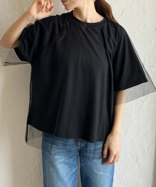 She's Closet(シーズクローゼット)の「ドッキングチュールレイヤードシアー半袖Tシャツ(Tシャツ/カットソー・レディース・ベージュ×ブラック/オフホワイト/ブラック×ブラック・FREE)」の2枚目の写真
