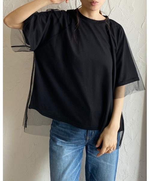 She's Closet(シーズクローゼット)の「ドッキングチュールレイヤードシアー半袖Tシャツ(Tシャツ/カットソー・レディース・ベージュ×ブラック/オフホワイト/ブラック×ブラック・FREE)」の12枚目の写真