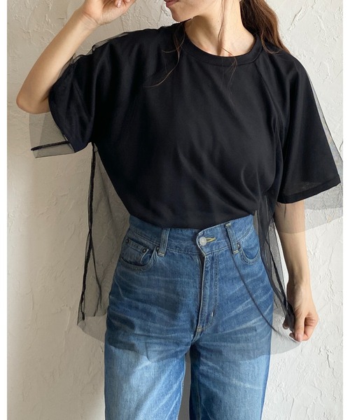 She's Closet(シーズクローゼット)の「ドッキングチュールレイヤードシアー半袖Tシャツ(Tシャツ/カットソー・レディース・ベージュ×ブラック/オフホワイト/ブラック×ブラック・FREE)」の10枚目の写真