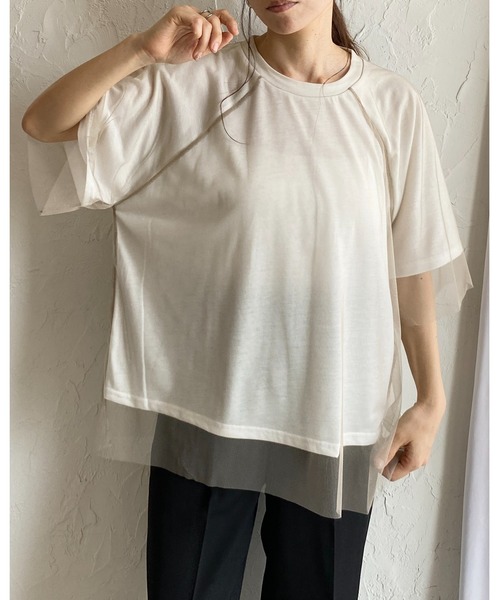 She's Closet(シーズクローゼット)の「ドッキングチュールレイヤードシアー半袖Tシャツ(Tシャツ/カットソー・レディース・ベージュ×ブラック/オフホワイト/ブラック×ブラック・FREE)」の9枚目の写真