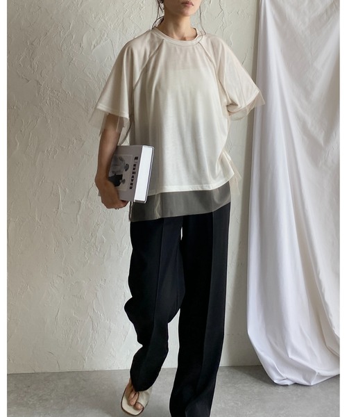 She's Closet(シーズクローゼット)の「ドッキングチュールレイヤードシアー半袖Tシャツ(Tシャツ/カットソー・レディース・ベージュ×ブラック/オフホワイト/ブラック×ブラック・FREE)」の7枚目の写真
