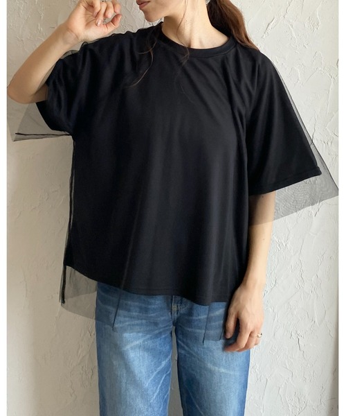 She's Closet(シーズクローゼット)の「ドッキングチュールレイヤードシアー半袖Tシャツ(Tシャツ/カットソー・レディース・ベージュ×ブラック/オフホワイト/ブラック×ブラック・FREE)」の22枚目の写真