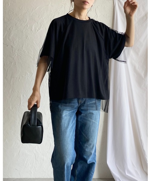 She's Closet(シーズクローゼット)の「ドッキングチュールレイヤードシアー半袖Tシャツ(Tシャツ/カットソー・レディース・ベージュ×ブラック/オフホワイト/ブラック×ブラック・FREE)」の21枚目の写真