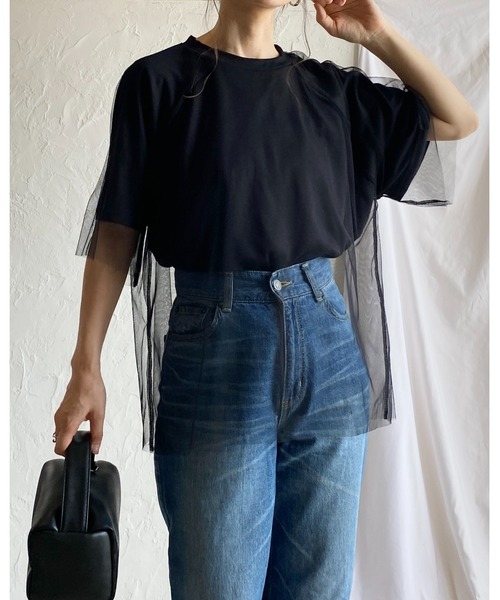 She's Closet(シーズクローゼット)の「ドッキングチュールレイヤードシアー半袖Tシャツ(Tシャツ/カットソー・レディース・ベージュ×ブラック/オフホワイト/ブラック×ブラック・FREE)」の20枚目の写真