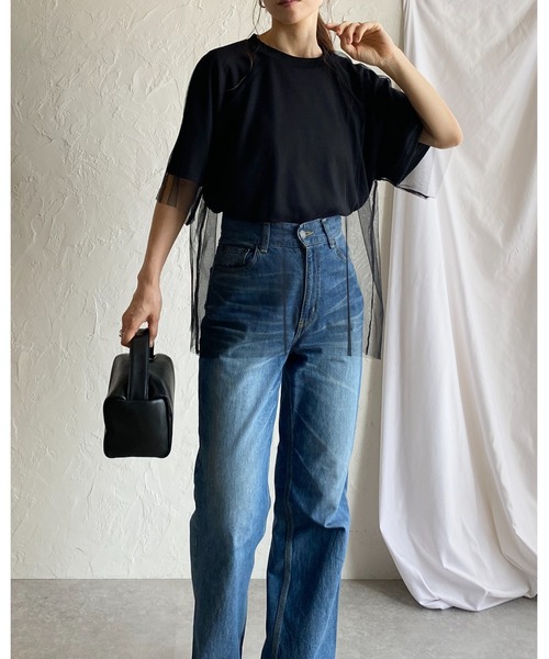 She's Closet(シーズクローゼット)の「ドッキングチュールレイヤードシアー半袖Tシャツ(Tシャツ/カットソー・レディース・ベージュ×ブラック/オフホワイト/ブラック×ブラック・FREE)」の19枚目の写真