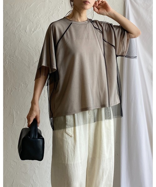 She's Closet(シーズクローゼット)の「ドッキングチュールレイヤードシアー半袖Tシャツ(Tシャツ/カットソー・レディース・ベージュ×ブラック/オフホワイト/ブラック×ブラック・FREE)」の13枚目の写真