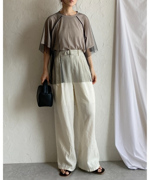 She's Closet(シーズクローゼット)の「ドッキングチュールレイヤードシアー半袖Tシャツ(Tシャツ/カットソー・レディース・ベージュ×ブラック/オフホワイト/ブラック×ブラック・FREE)」の4枚目の写真