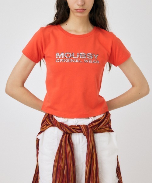 MOUSSY（マウジー）の「RHINESTONE MOUSSY Tシャツ（Tシャツ/カットソー・レディース・ホワイト/オレンジ/ブルー/ブラック・FREE）」の4枚目の写真