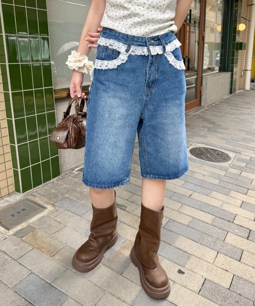 セール】レースデニムハーフパンツ（デニムパンツ）｜SOLLON