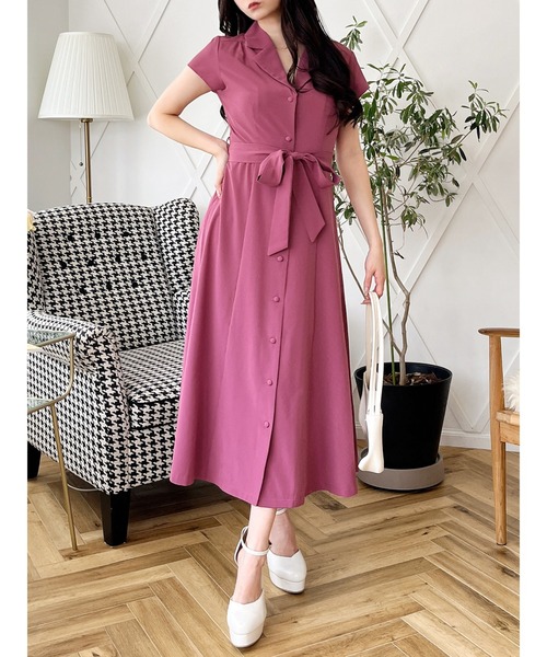 MIIA(ミーア)の「ウエストリボンシャツワンピース(ワンピース・レディース・パープル/ネイビー/チェック・FREE)」の3枚目の写真