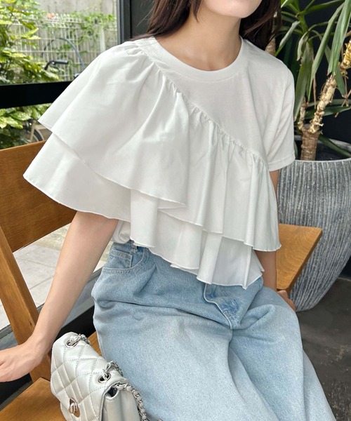INGNI(イング)の「【WEB限定】フリルアシメTシャツ(Tシャツ/カットソー・レディース・ブラック/オフホワイト・M)」の2枚目の写真