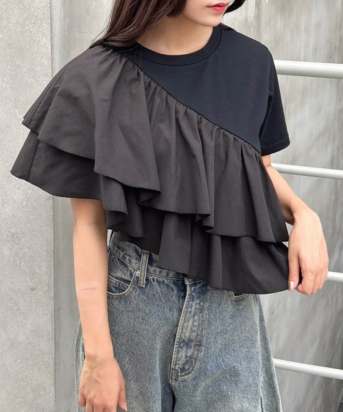 INGNI(イング)の「【WEB限定】フリルアシメTシャツ(Tシャツ/カットソー・レディース・ブラック/オフホワイト・M)」の1枚目の写真