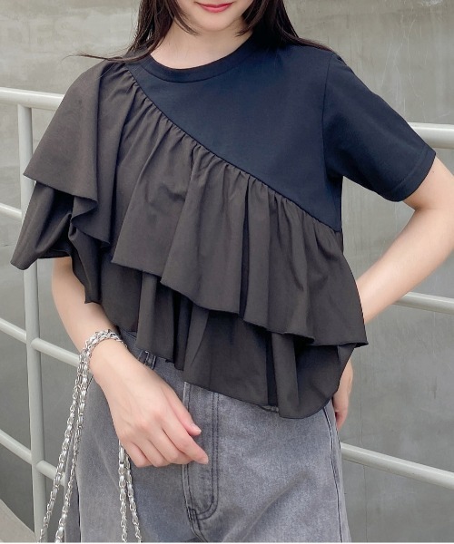 INGNI(イング)の「【WEB限定】フリルアシメTシャツ(Tシャツ/カットソー・レディース・ブラック/オフホワイト・M)」の13枚目の写真