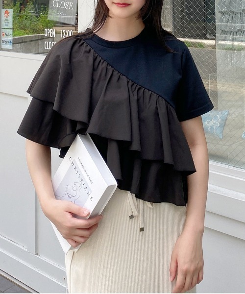INGNI(イング)の「【WEB限定】フリルアシメTシャツ(Tシャツ/カットソー・レディース・ブラック/オフホワイト・M)」の5枚目の写真