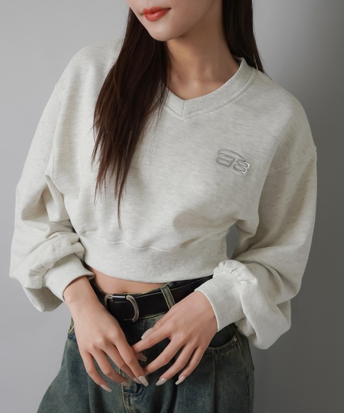 SPINNS（スピンズ）の「シルバーワンポイントロゴ Vネックショート丈スウェット（スウェット・レディース・ブラック/ピンク/ネイビー/オフホワイト/ブラック系その他/オートミール・ONESIZE）」の4枚目の写真