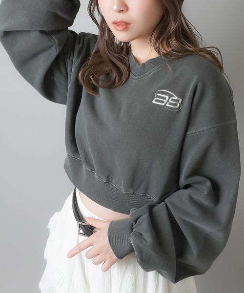 SPINNS（スピンズ）の「シルバーワンポイントロゴ Vネックショート丈スウェット（スウェット・レディース・ブラック/ピンク/ネイビー/オフホワイト/ブラック系その他/オートミール・ONESIZE）」の3枚目の写真